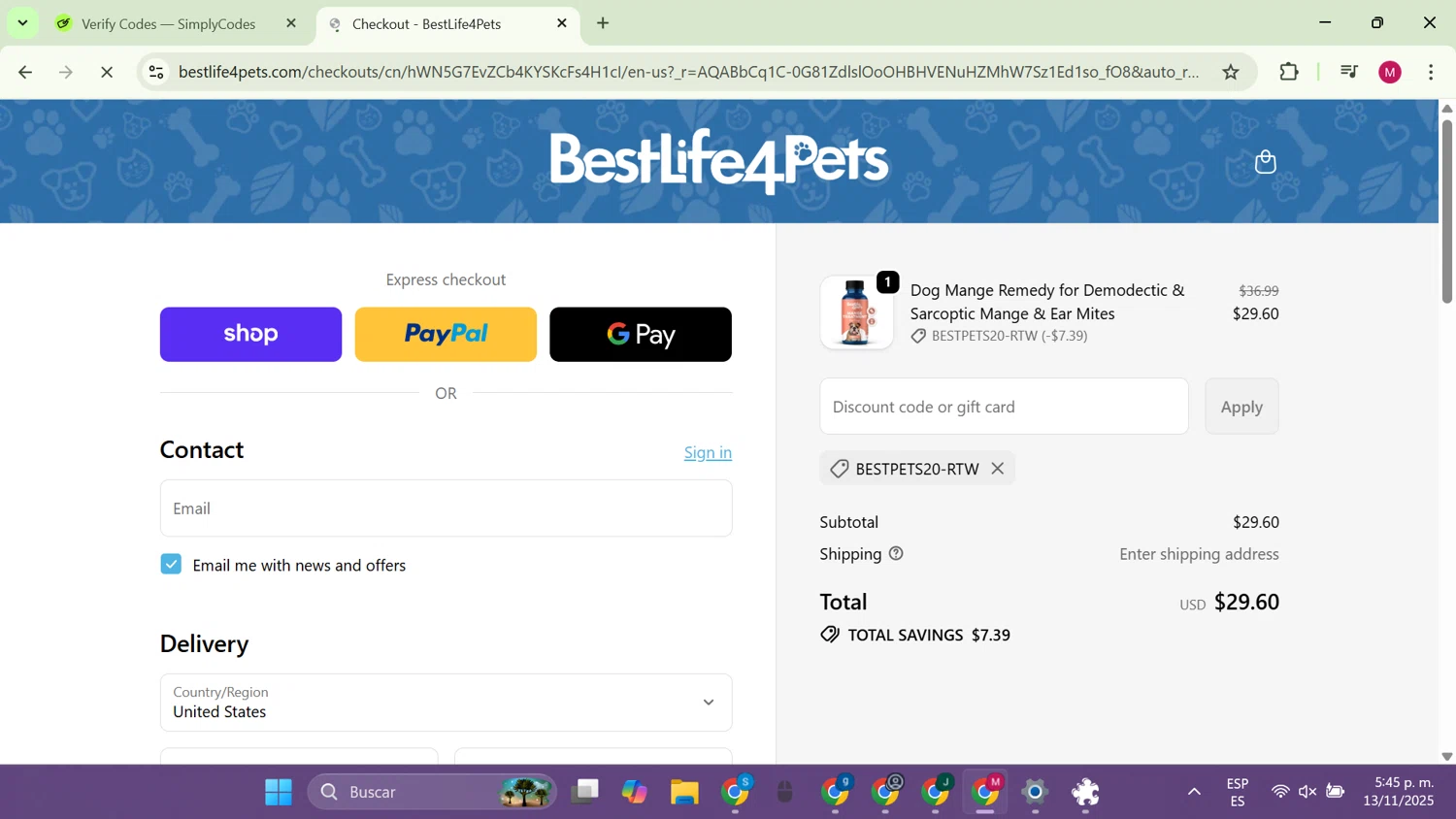 BestLife4Pets coupon code screenshot showing code BESTPETS20-RTW applied at BestLife4Pets checkout page. Uploaded by SimplyCodes community member CouponAce9216 on Nov 13, 2025