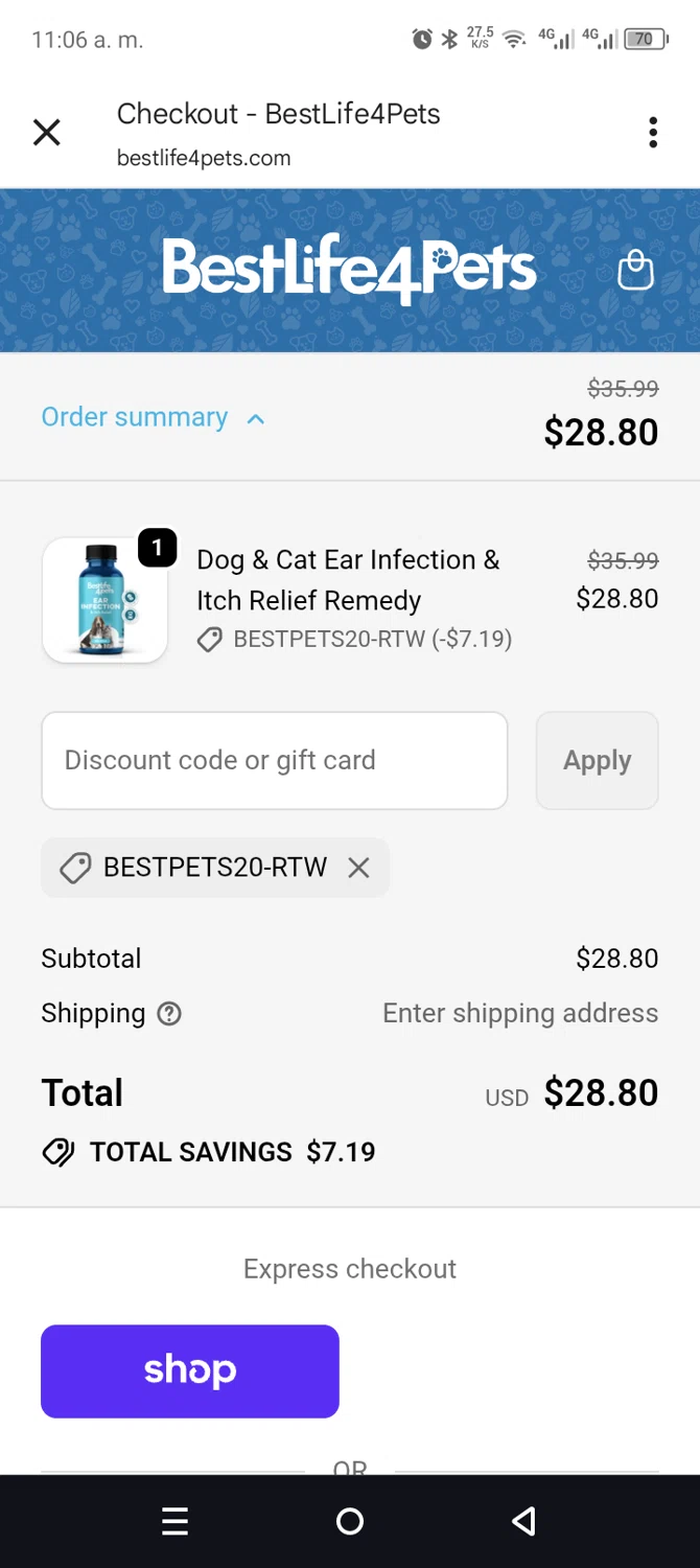 BestLife4Pets coupon code screenshot showing code BESTPETS20-RTW applied at BestLife4Pets checkout page. Uploaded by SimplyCodes community member leiraM on Dec 15, 2025