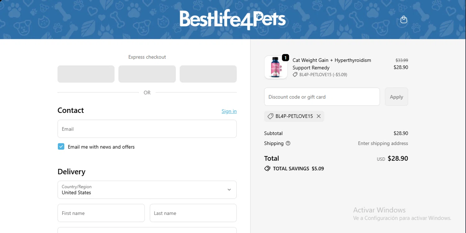 BestLife4Pets coupon code screenshot showing code BL4P-PETLOVE15 applied at BestLife4Pets checkout page. Uploaded by SimplyCodes community member CodeEagle1166 on Nov 18, 2025