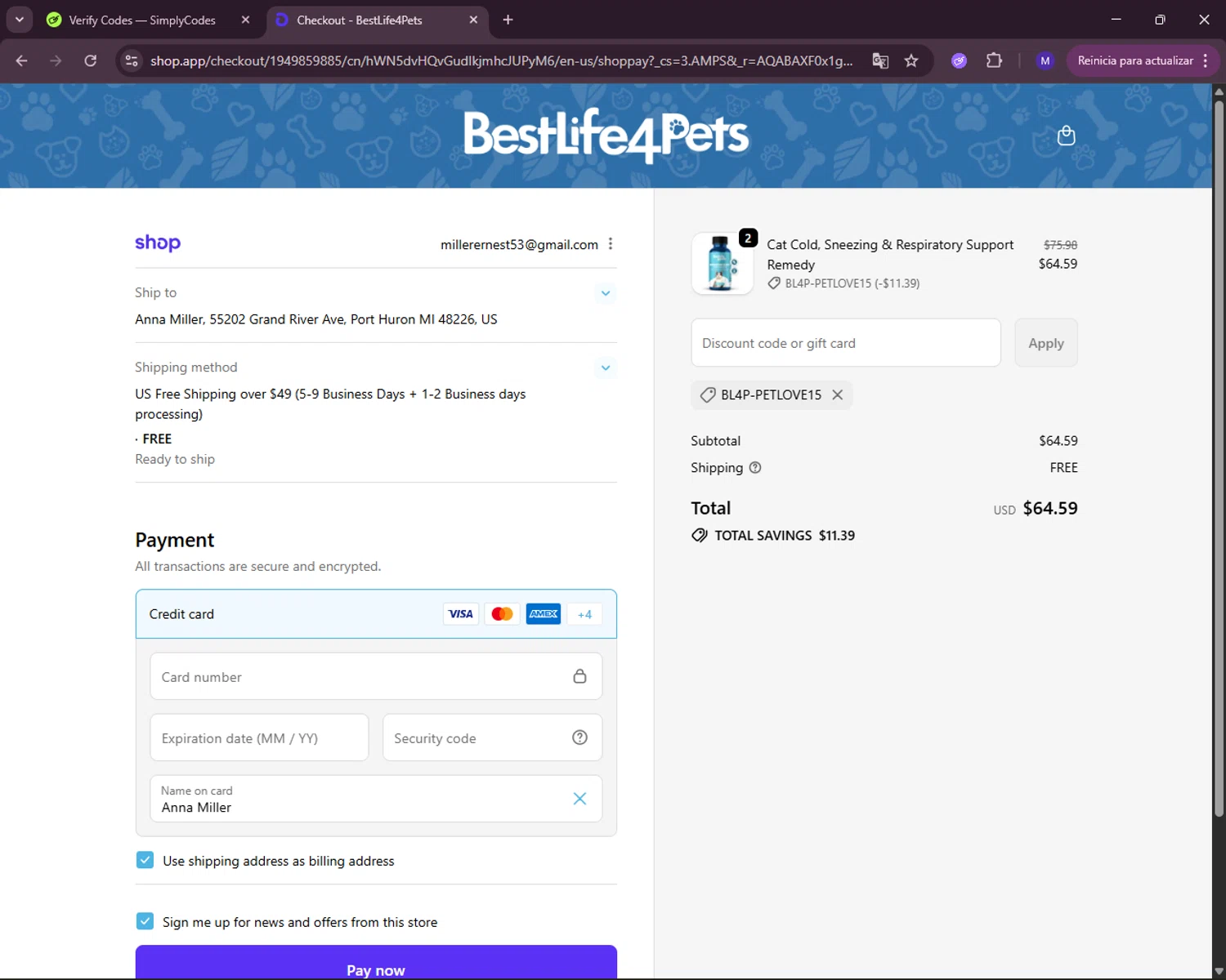 BestLife4Pets coupon code screenshot showing code BL4P-PETLOVE15 applied at BestLife4Pets checkout page. Uploaded by SimplyCodes community member RewardLynx5307 on Nov 24, 2025