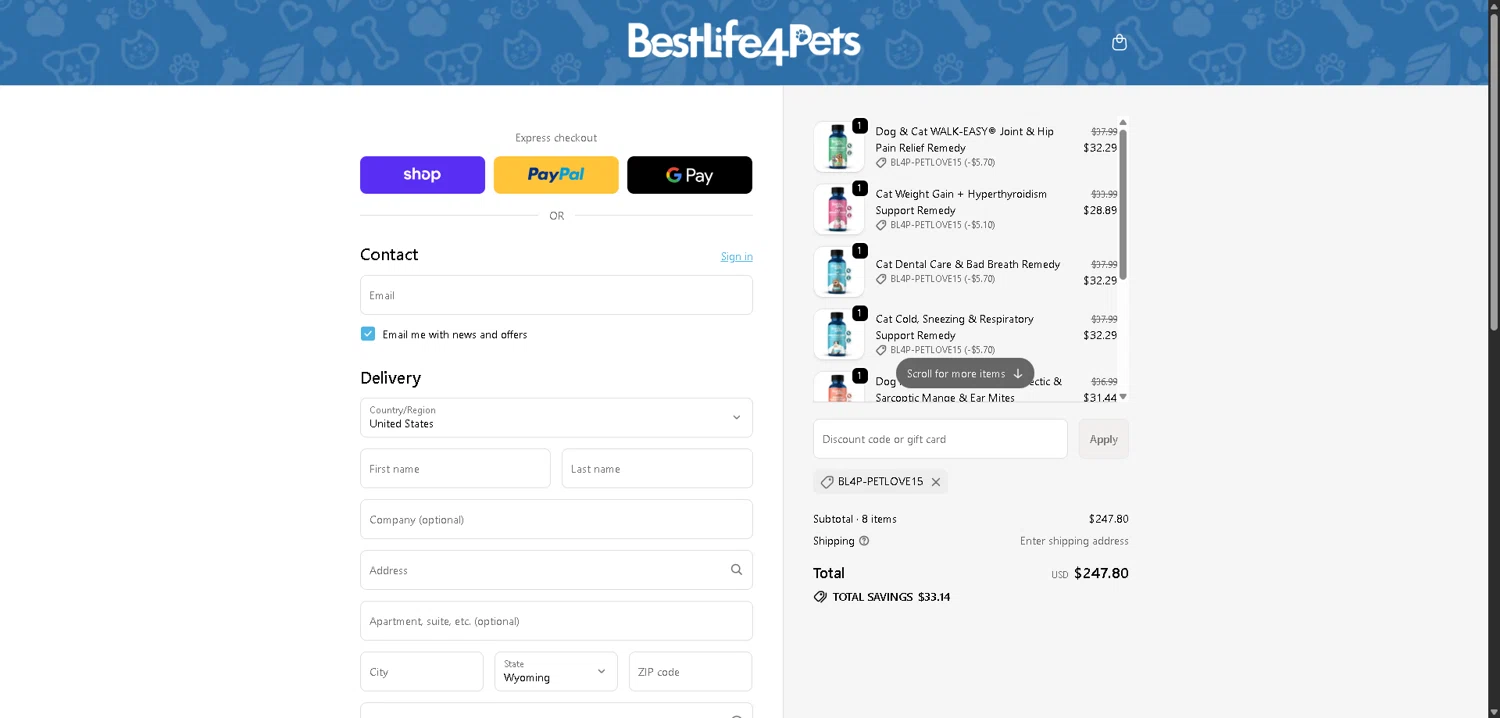 BestLife4Pets coupon code screenshot showing code BL4P-PETLOVE15 applied at BestLife4Pets checkout page. Uploaded by SimplyCodes community member VictoriousFinder4393 on Jan 1, 2026