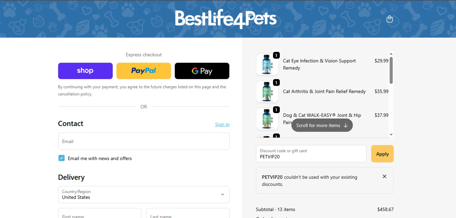 BestLife4Pets coupon code screenshot showing code PETVIP20 applied at BestLife4Pets checkout page. Uploaded by SimplyCodes community member juanisaac on Oct 12, 2025