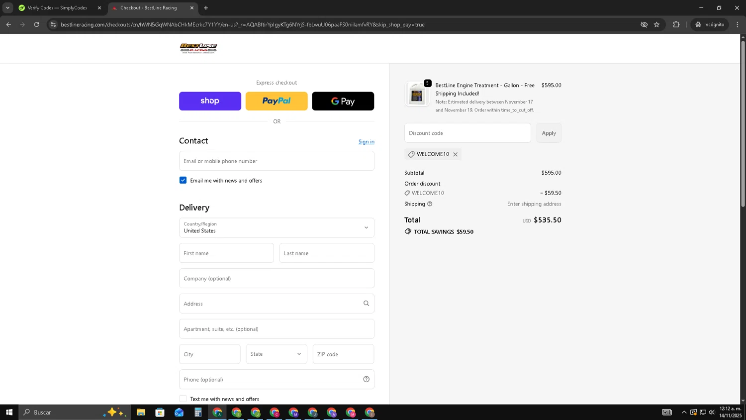 Bestline promo code screenshot showing code WELCOME10 applied at Bestline checkout page. Uploaded by SimplyCodes community member HAOJIN on Nov 14, 2025
