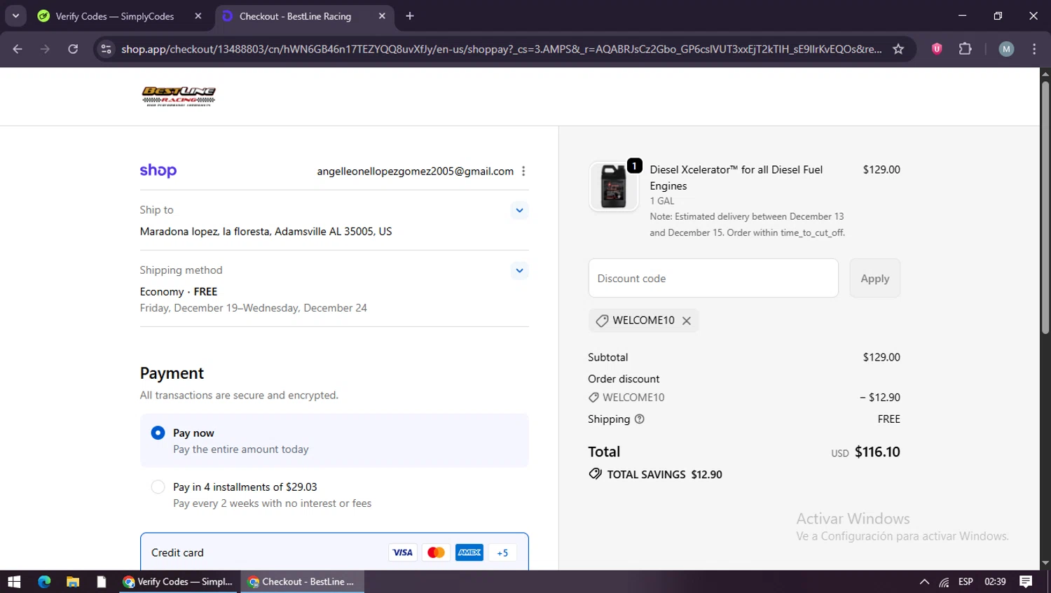 Bestline promo code screenshot showing code WELCOME10 applied at Bestline checkout page. Uploaded by SimplyCodes community member maraxo on Dec 10, 2025