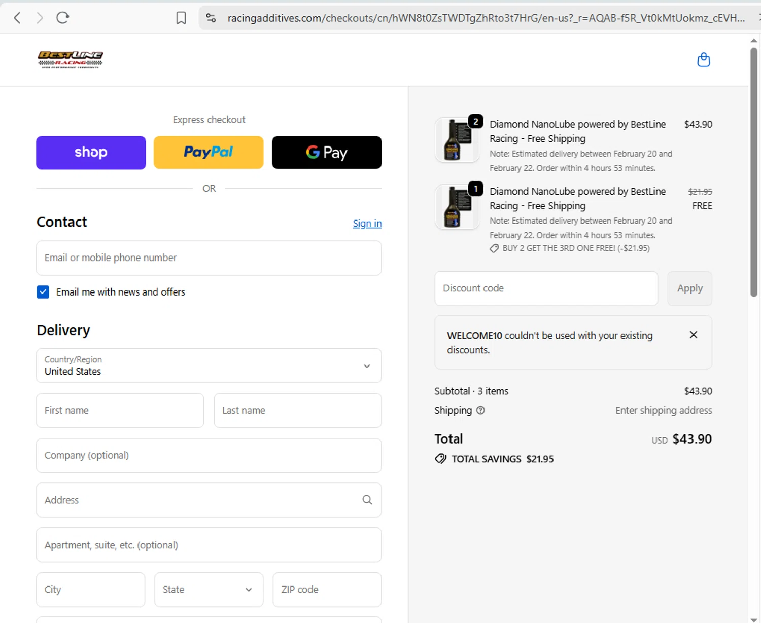 Bestline promo code screenshot showing code WELCOME10 applied at Bestline checkout page. Uploaded by SimplyCodes community member ronaldacunajr13 on Feb 17, 2026