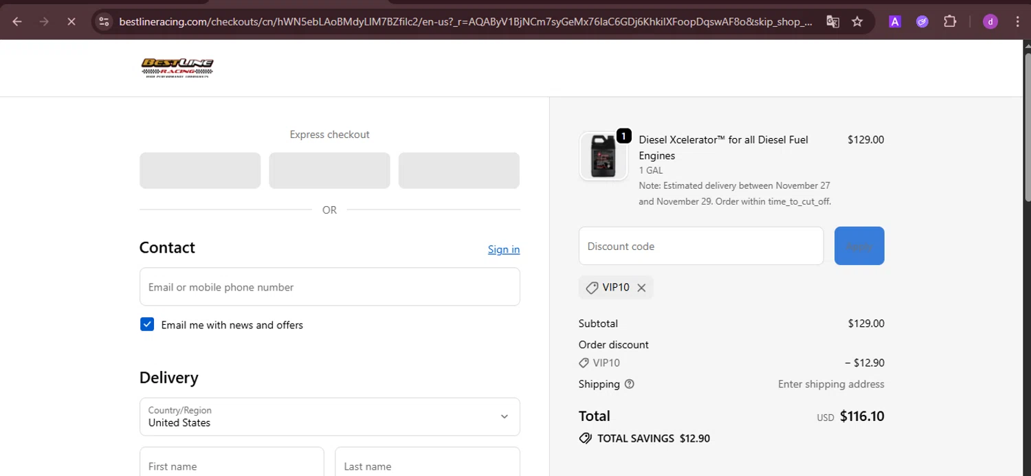 Bestline promo code screenshot showing code VIP10 applied at Bestline checkout page. Uploaded by SimplyCodes community member PennyTiger4891 on Nov 24, 2025