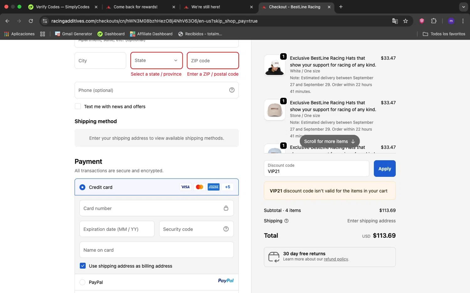 Bestline promo code screenshot showing code VIP21 applied at Bestline checkout page. Uploaded by SimplyCodes community member 1234ely on Sep 24, 2025