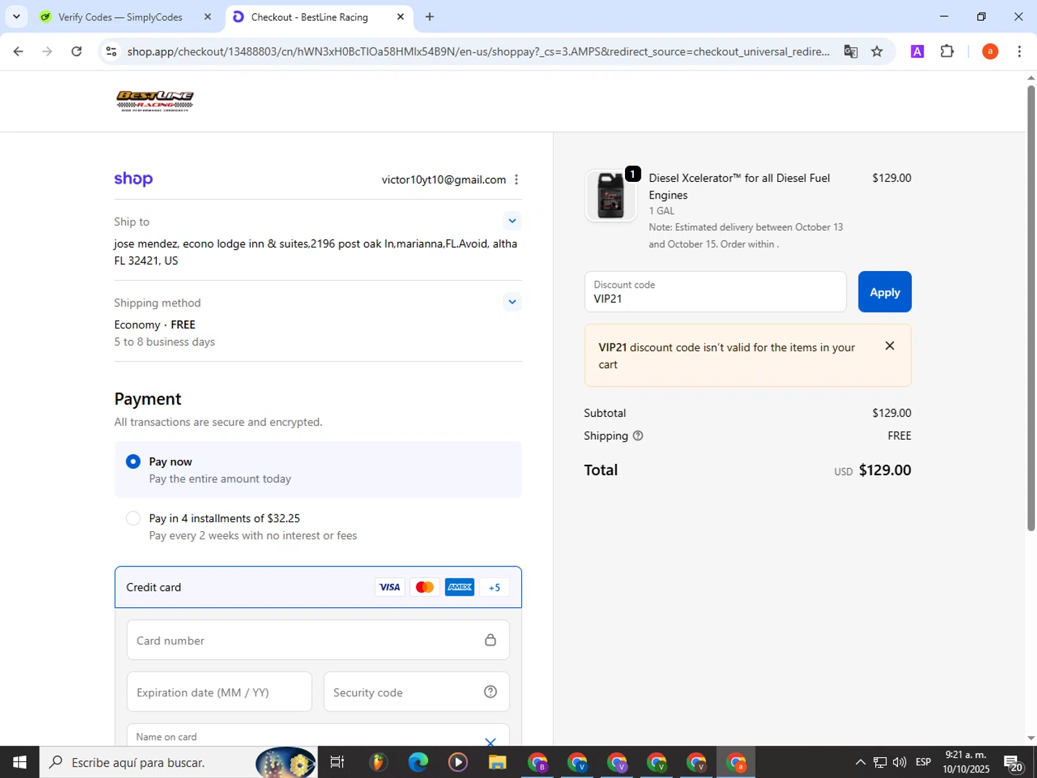 Bestline promo code screenshot showing code VIP21 applied at Bestline checkout page. Uploaded by SimplyCodes community member partenalgas on Oct 10, 2025