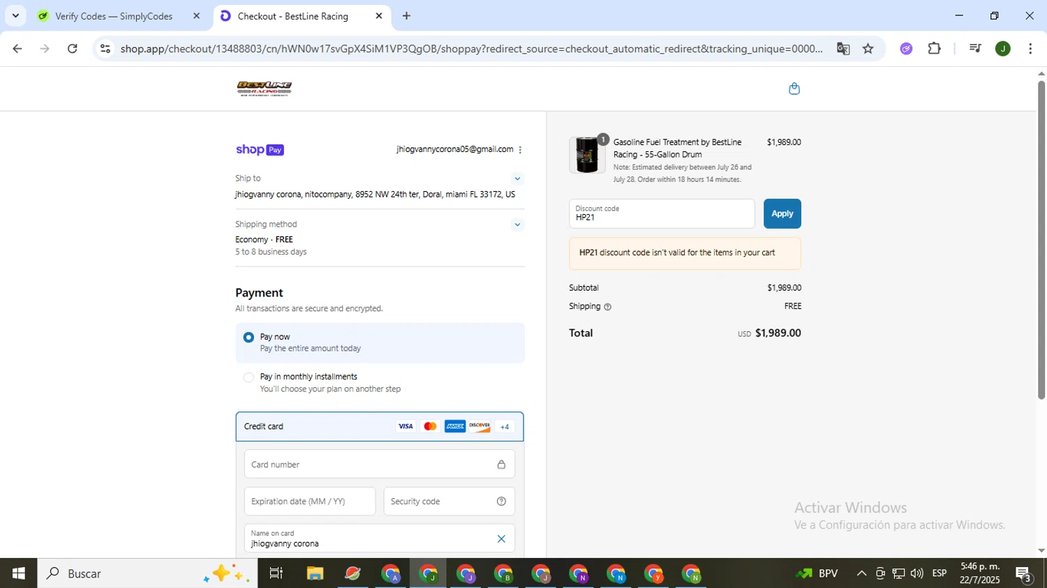 Bestline promo code screenshot showing code HP21 applied at Bestline checkout page. Uploaded by SimplyCodes community member CleverSeeker3529 on Jul 22, 2025