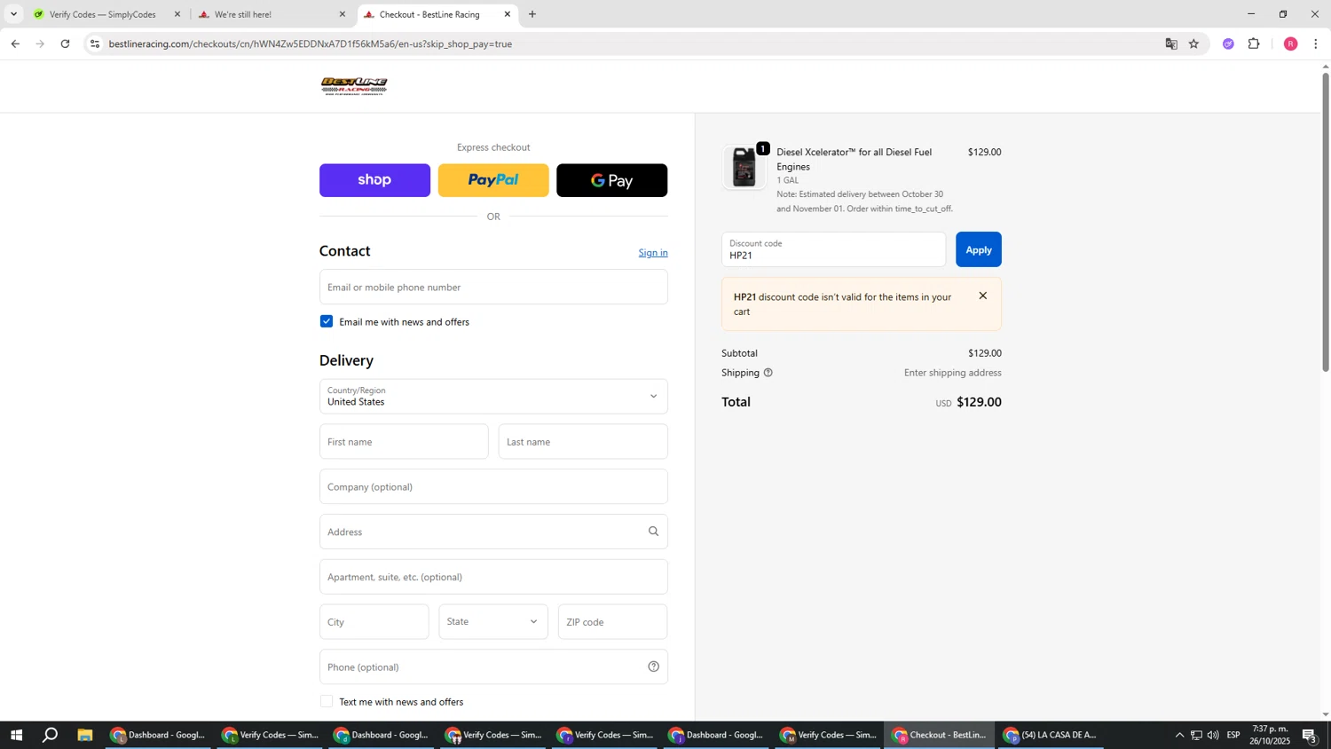 Bestline promo code screenshot showing code HP21 applied at Bestline checkout page. Uploaded by SimplyCodes community member TTTT55 on Oct 26, 2025
