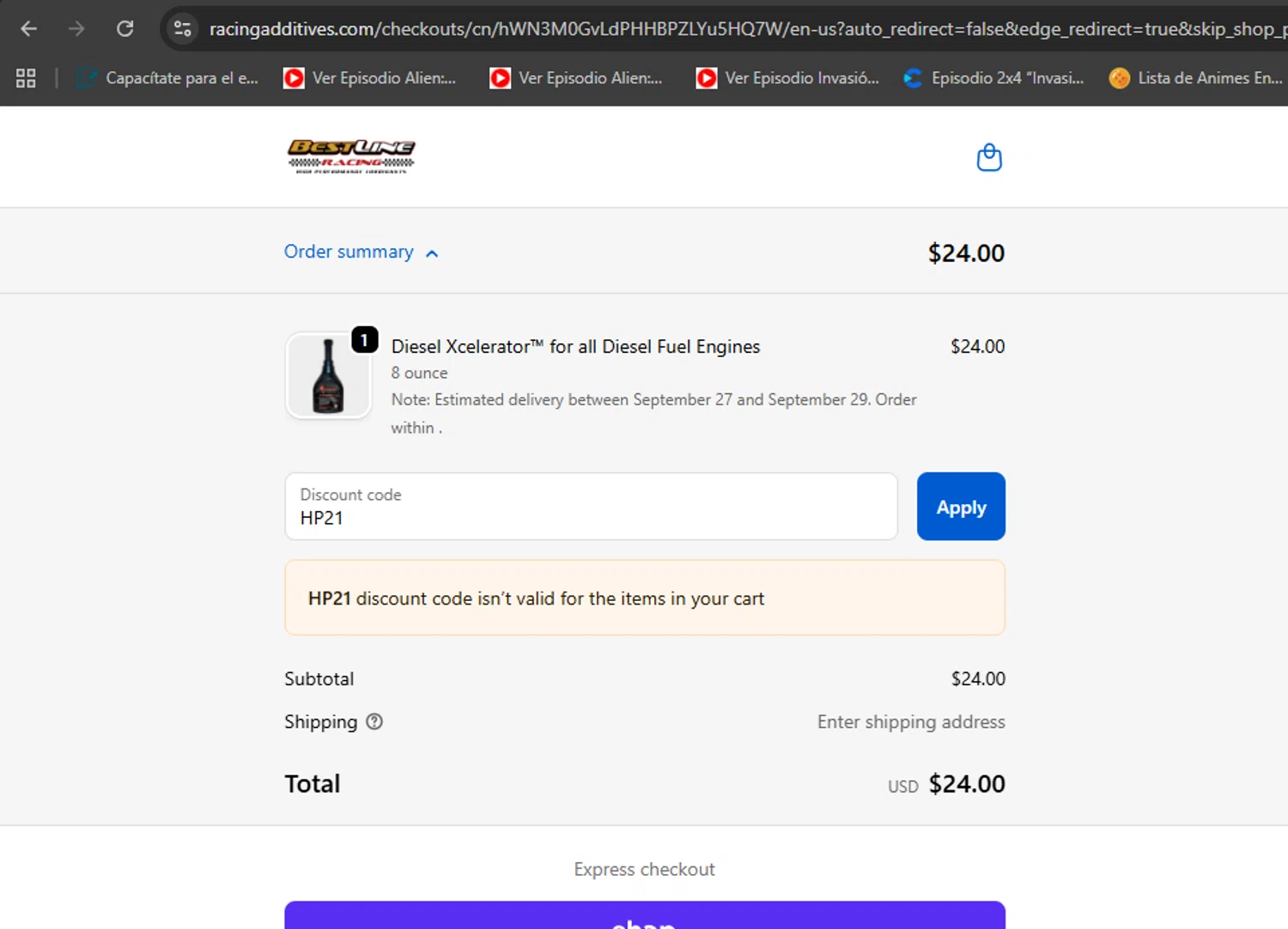Bestline promo code screenshot showing code HP21 applied at Bestline checkout page. Uploaded by SimplyCodes community member eduardolopez on Sep 24, 2025