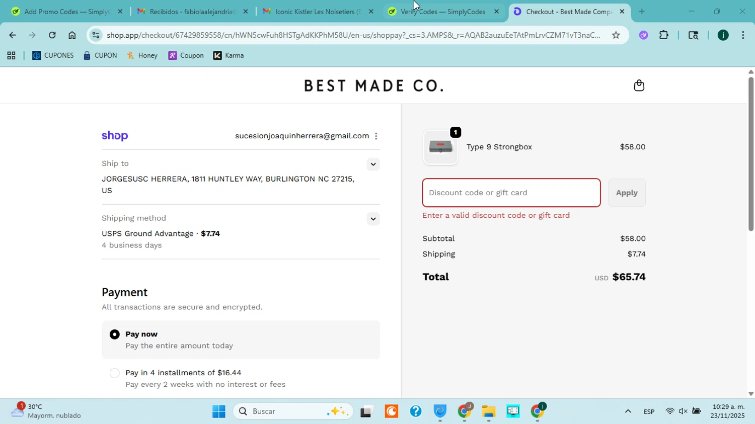 Best Made promo code screenshot showing code Z3XD2WTR applied at Best Made checkout page. Uploaded by SimplyCodes community member jorgejavierherrera on Nov 23, 2025