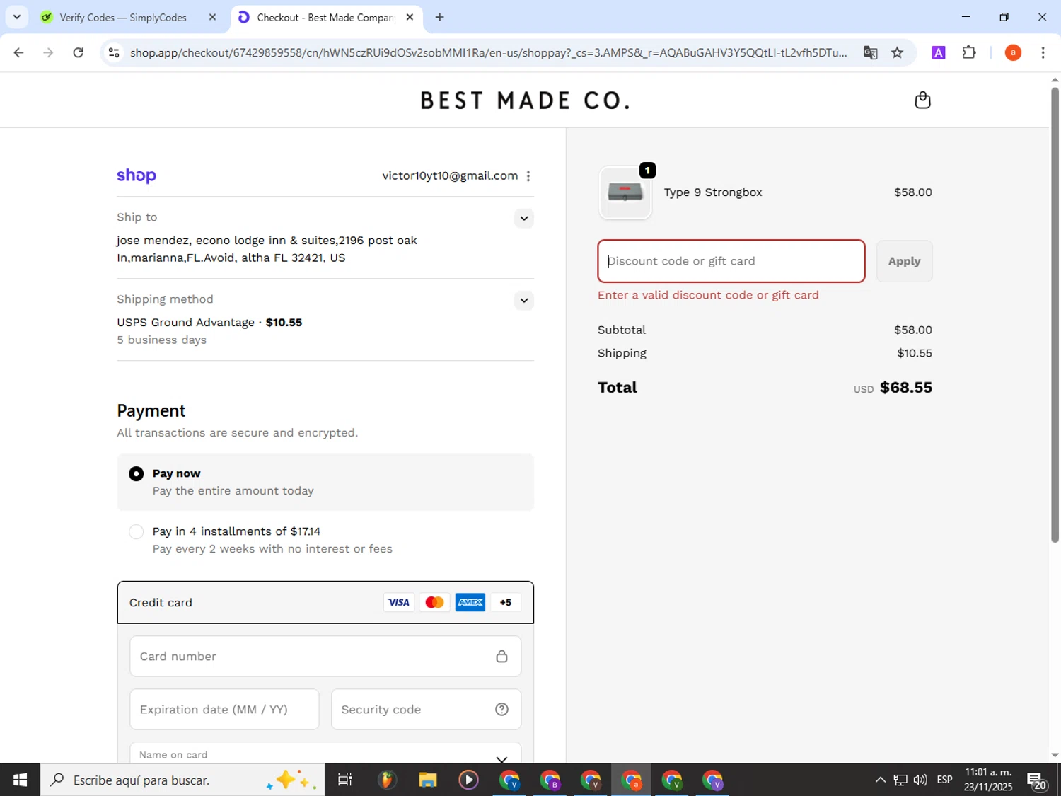 Best Made promo code screenshot showing code Z3XD2WTR applied at Best Made checkout page. Uploaded by SimplyCodes community member partenalgas on Nov 23, 2025