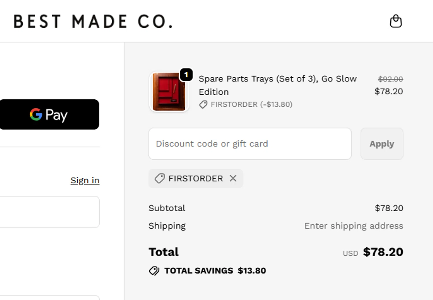 Best Made checkout page showing Best Made promo code box | Screenshot taken by SimplyCodes community member on Jan 6, 2026
