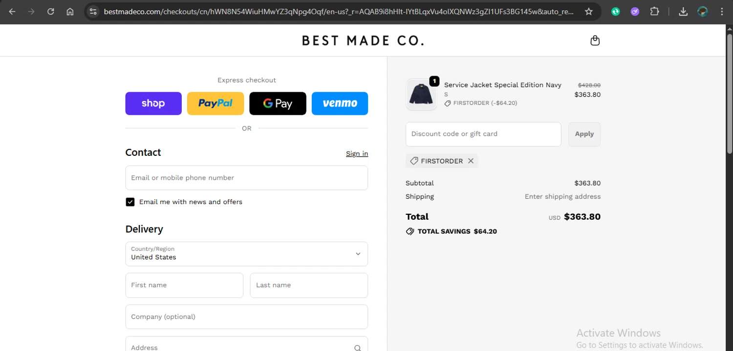 Best Made checkout page showing Best Made promo code box | Screenshot taken by SimplyCodes community member on Feb 3, 2026
