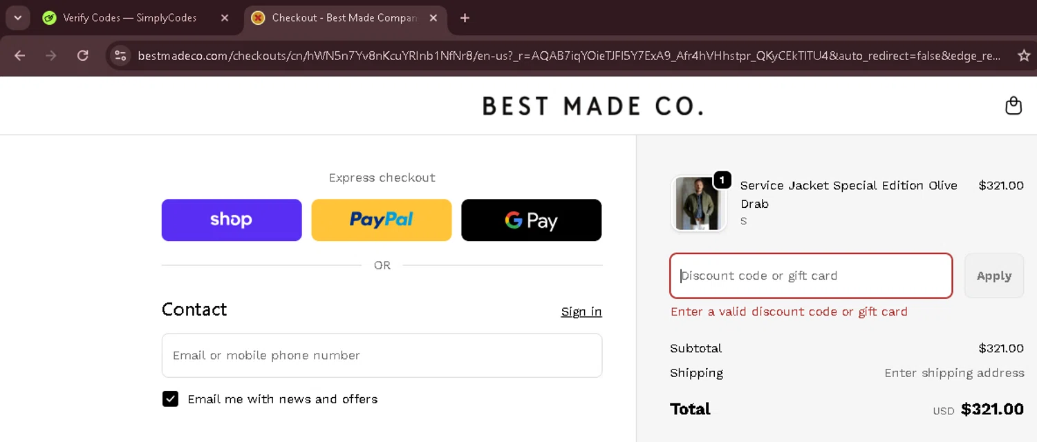 Best Made promo code screenshot showing code SALE applied at Best Made checkout page. Uploaded by SimplyCodes community member Morketools on Nov 27, 2025