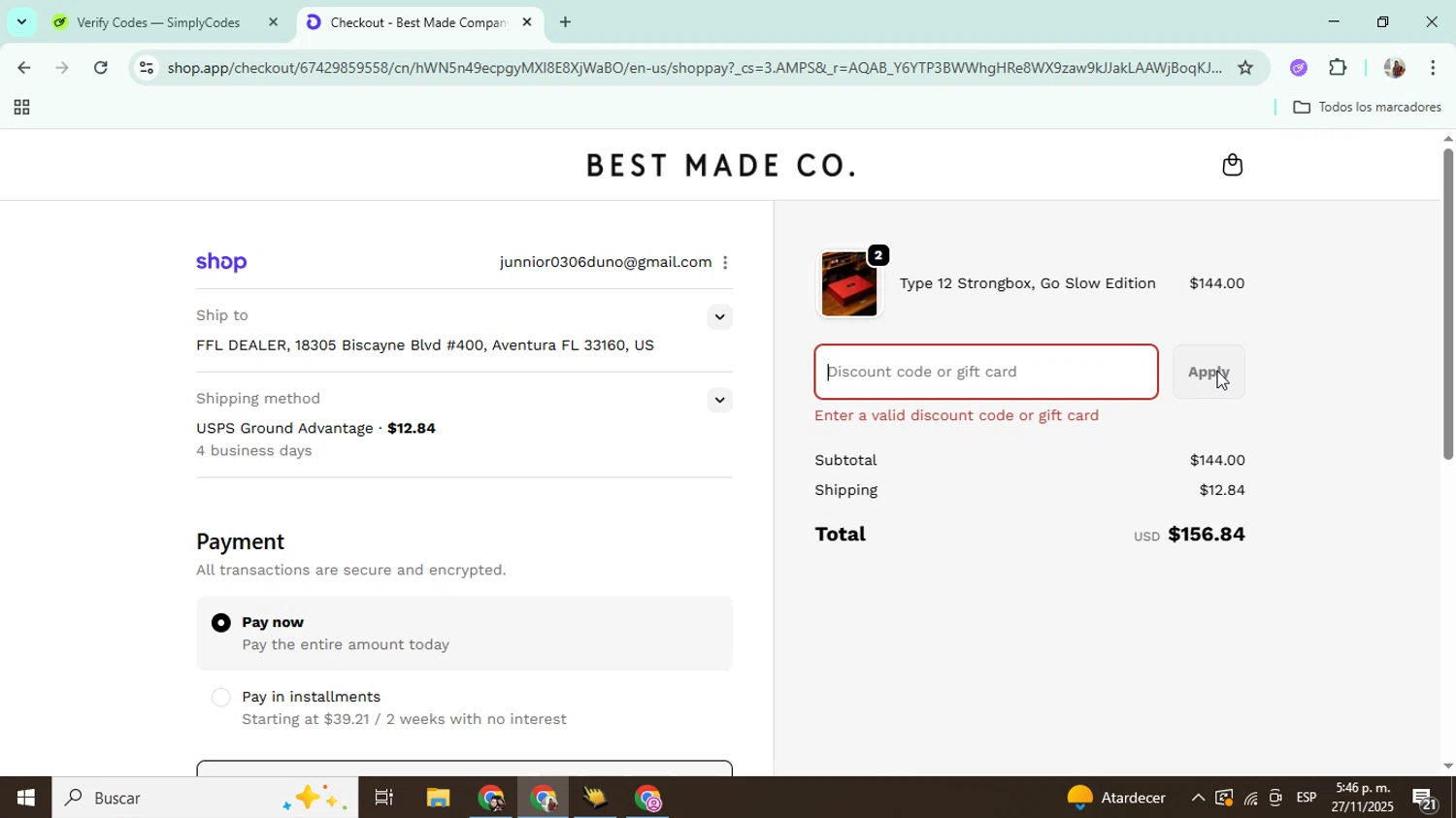 Best Made promo code screenshot showing code SALE applied at Best Made checkout page. Uploaded by SimplyCodes community member Mujerdejunnior on Nov 27, 2025
