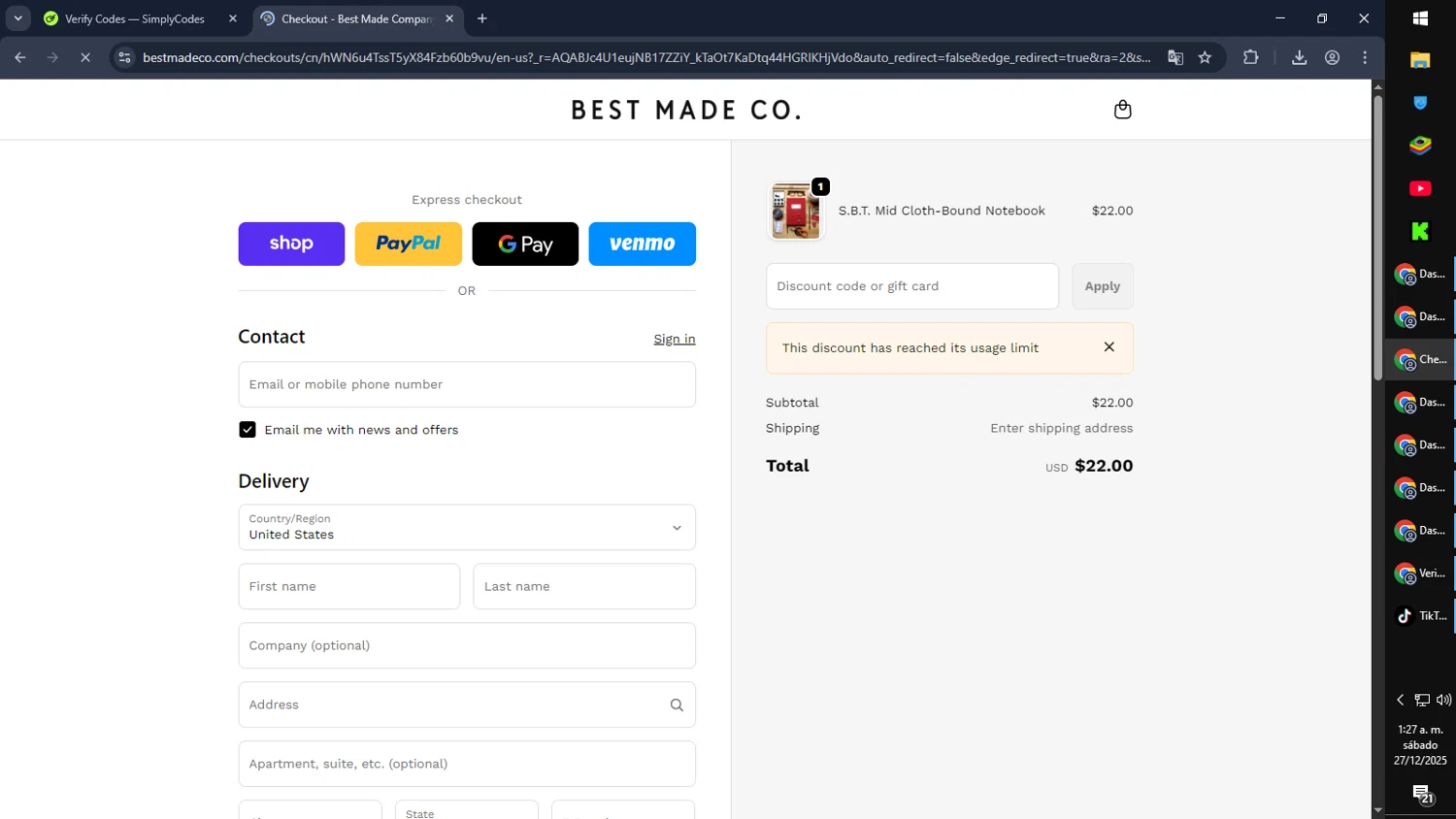 Best Made promo code screenshot showing code VNZ39RWS applied at Best Made checkout page. Uploaded by SimplyCodes community member PromoScout874 on Dec 27, 2025