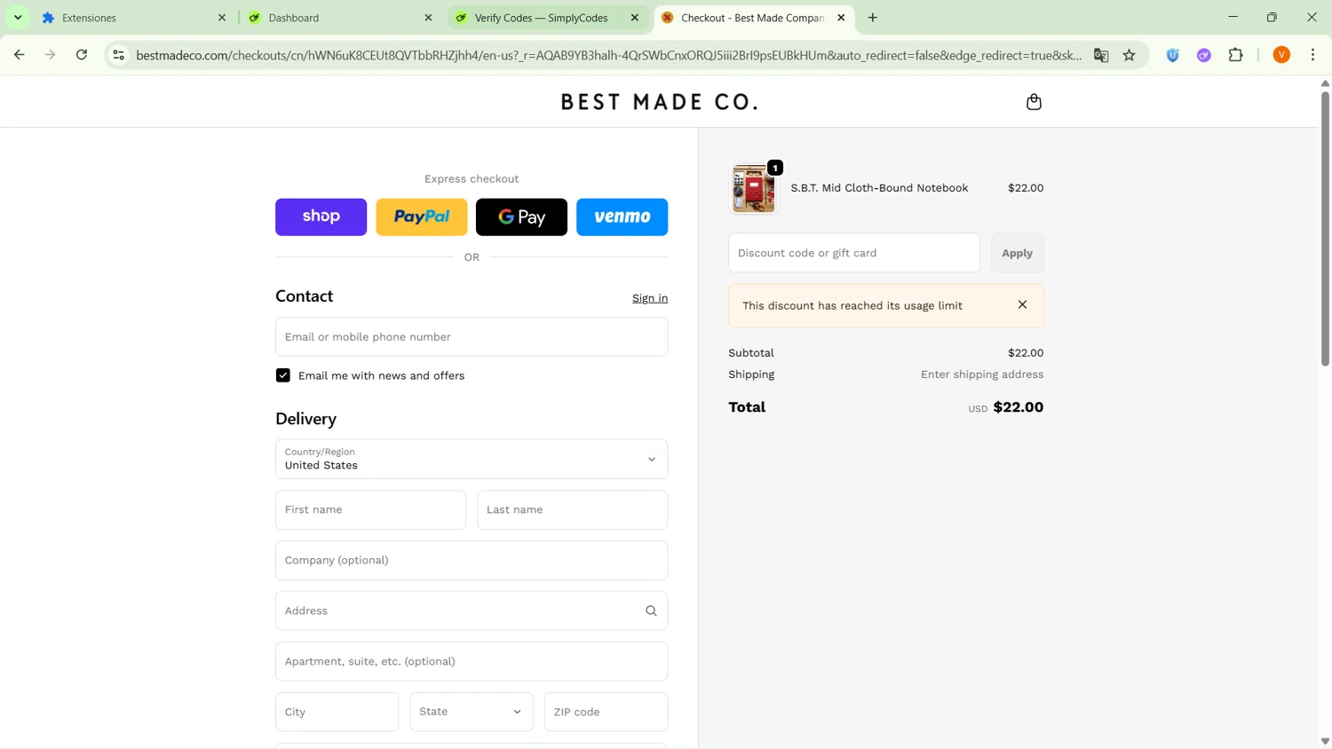 Best Made promo code screenshot showing code VNZ39RWS applied at Best Made checkout page. Uploaded by SimplyCodes community member RebateSaver5991 on Dec 27, 2025