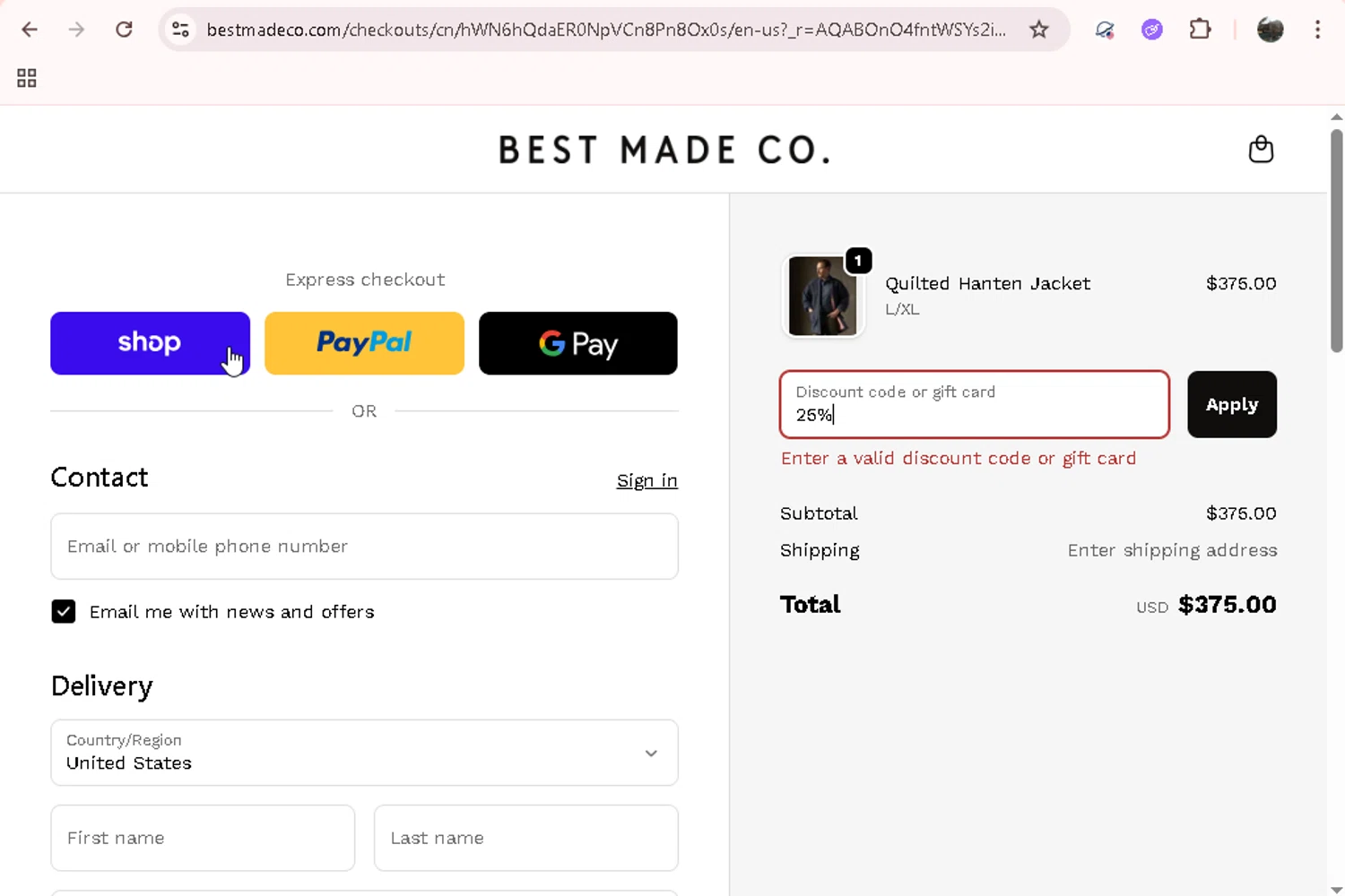 Best Made promo code screenshot showing code 25% applied at Best Made checkout page. Uploaded by SimplyCodes community member onebullet on Dec 21, 2025