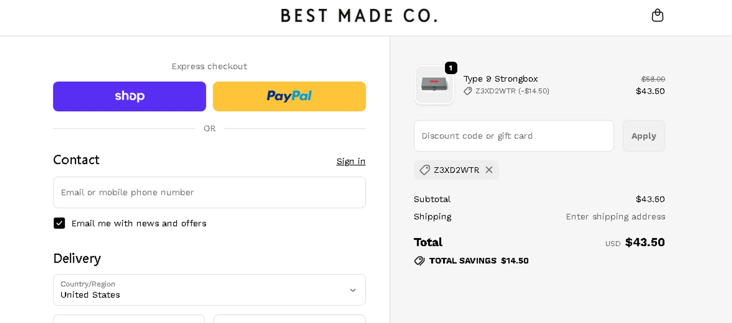 Best Made promo code screenshot showing code Z3XD2WTR applied at Best Made checkout page. Uploaded by SimplyCodes community member OnlywM on Oct 21, 2025
