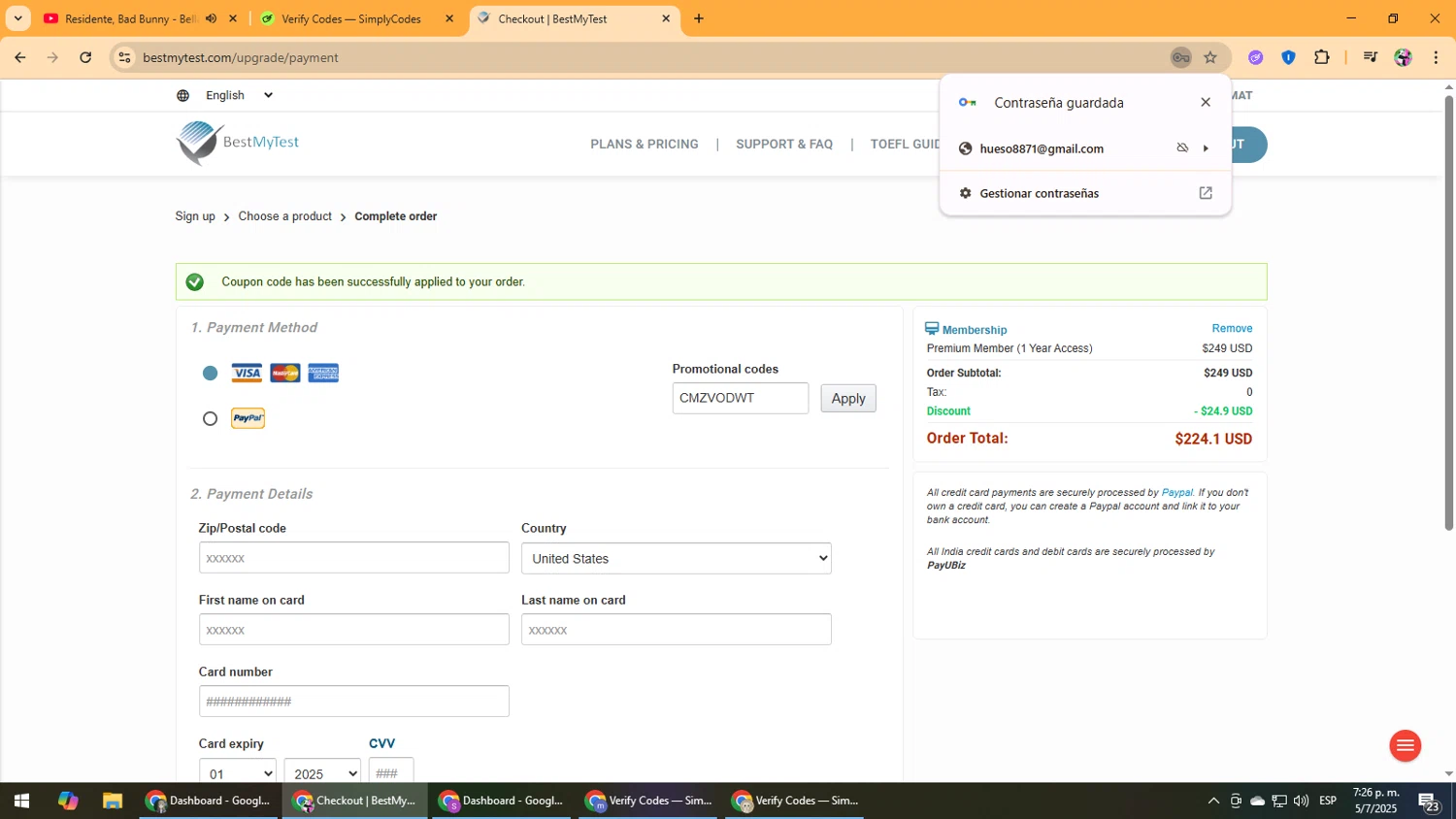 BestMyTest promo code screenshot showing code CMZVODWT applied at BestMyTest checkout page. Uploaded by SimplyCodes community member Vanmanuel on Jul 5, 2025