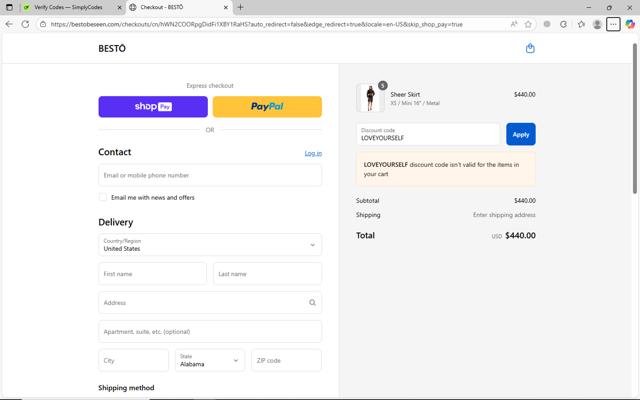BESTŌ checkout page showing BESTŌ promo code box | Screenshot taken by SimplyCodes community member on Aug 25, 2025