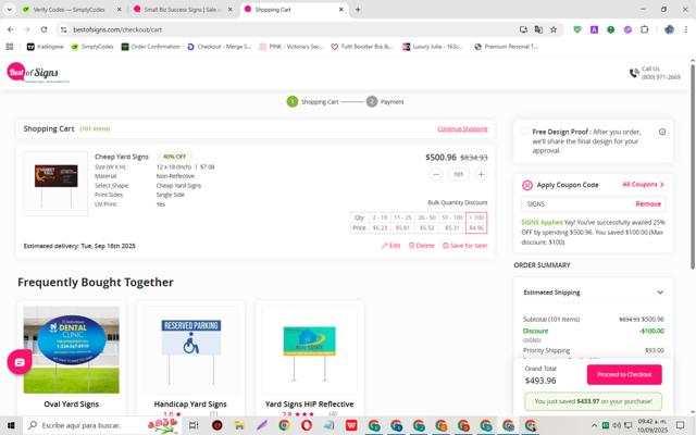 Best of Signs checkout page showing Best of Signs coupon code box | Screenshot taken by SimplyCodes community member on Sep 10, 2025