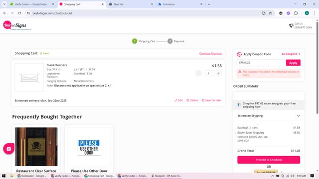 Best of Signs checkout page showing Best of Signs coupon code box | Screenshot taken by SimplyCodes community member on Sep 6, 2025