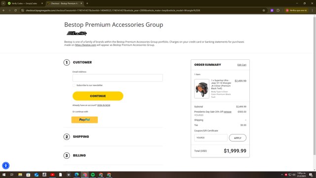 Bestop checkout page showing Bestop coupon code box | Screenshot taken by SimplyCodes community member on Feb 21, 2025