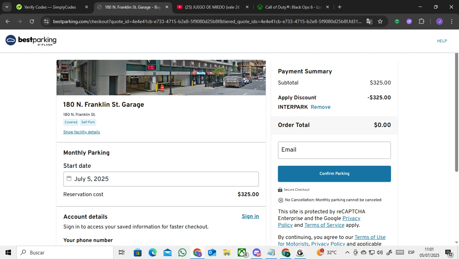 BestParking promo code screenshot showing code INTERPARK applied at BestParking checkout page. Uploaded by SimplyCodes community member ENCARAMESSI on Jul 5, 2025