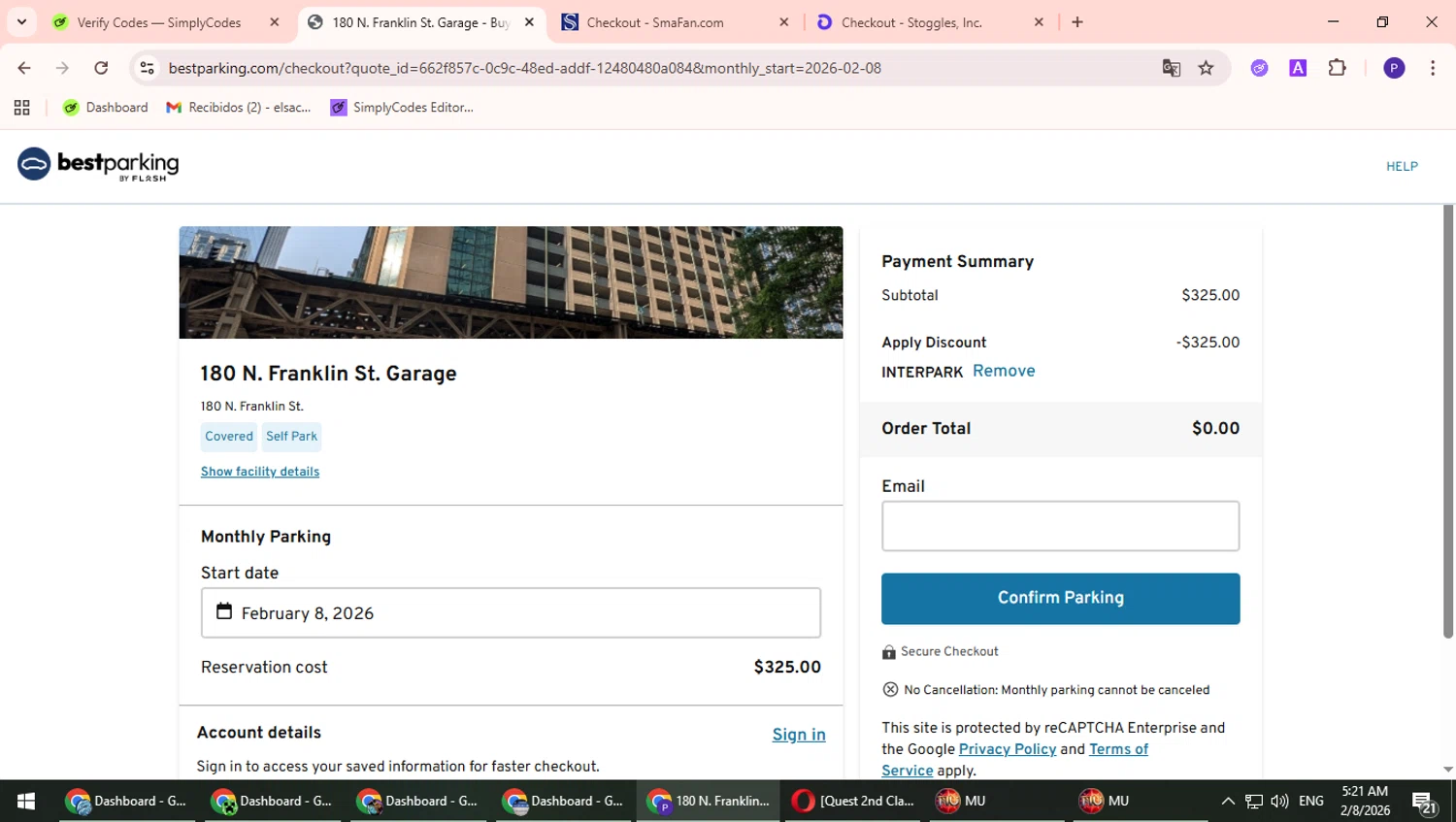 BestParking promo code screenshot showing code INTERPARK applied at BestParking checkout page. Uploaded by SimplyCodes community member TrevorPhilips on Feb 8, 2026