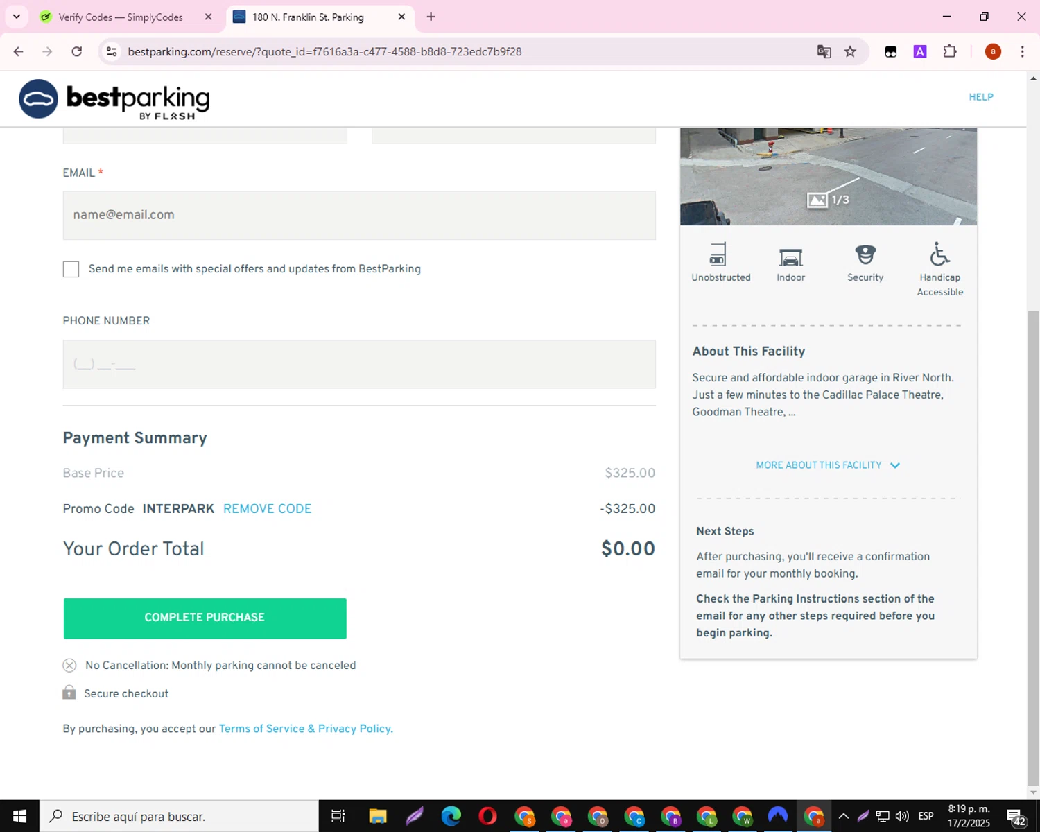 BestParking checkout page showing BestParking promo code box | Screenshot taken by SimplyCodes community member on Feb 18, 2025