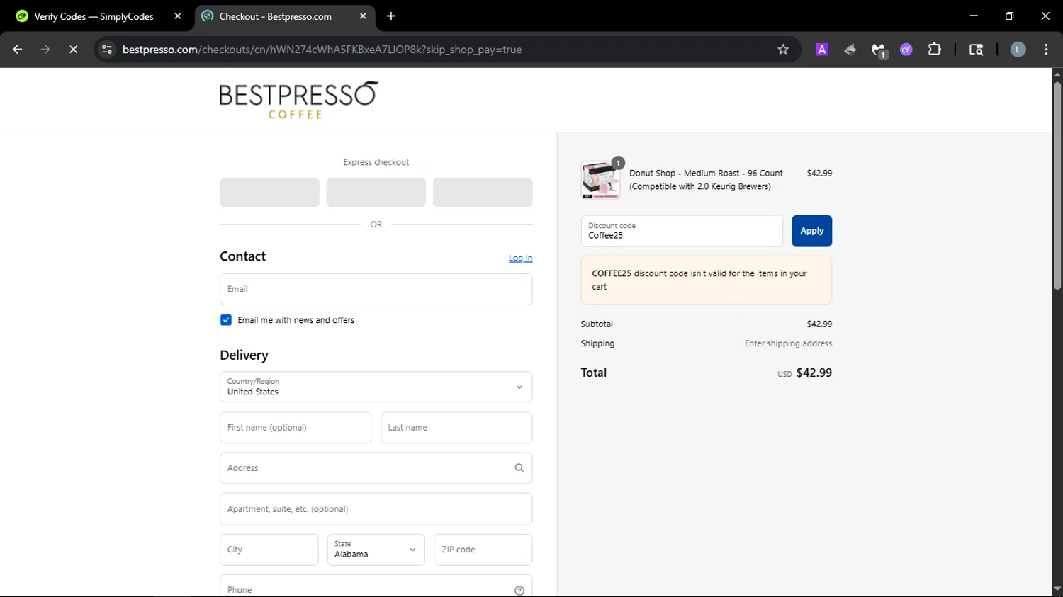 Bestpresso Coffee promo code screenshot showing code Coffee25 applied at Bestpresso Coffee checkout page. Uploaded by SimplyCodes community member SmartScholar9589 on Aug 23, 2025