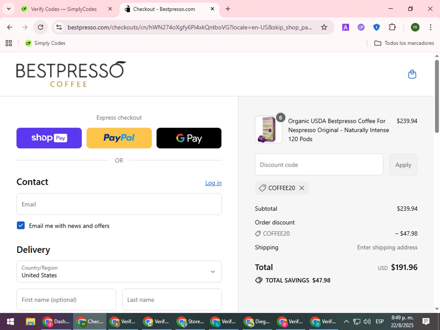 Bestpresso Coffee promo code screenshot showing code COFFEE20 applied at Bestpresso Coffee checkout page. Uploaded by SimplyCodes community member VoucherCollector9196 on Aug 23, 2025