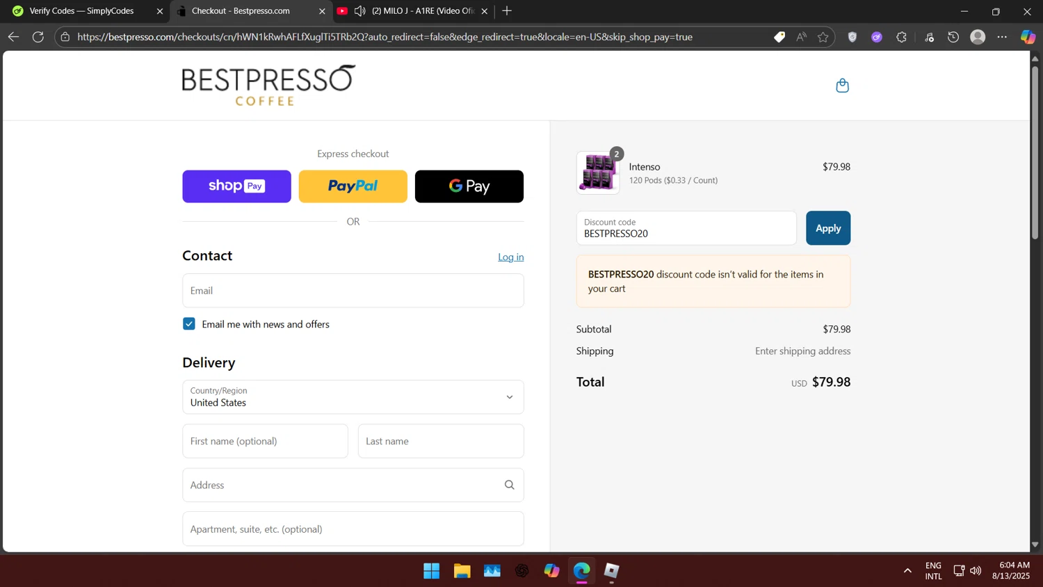 Bestpresso Coffee promo code screenshot showing code BESTPRESSO20 applied at Bestpresso Coffee checkout page. Uploaded by SimplyCodes community member BorgeZzz on Aug 13, 2025
