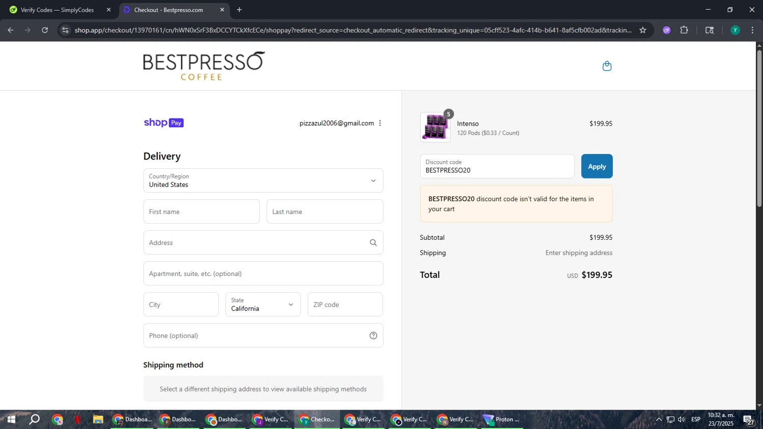 Bestpresso Coffee promo code screenshot showing code BESTPRESSO20 applied at Bestpresso Coffee checkout page. Uploaded by SimplyCodes community member FrugalCaptain6906 on Jul 23, 2025