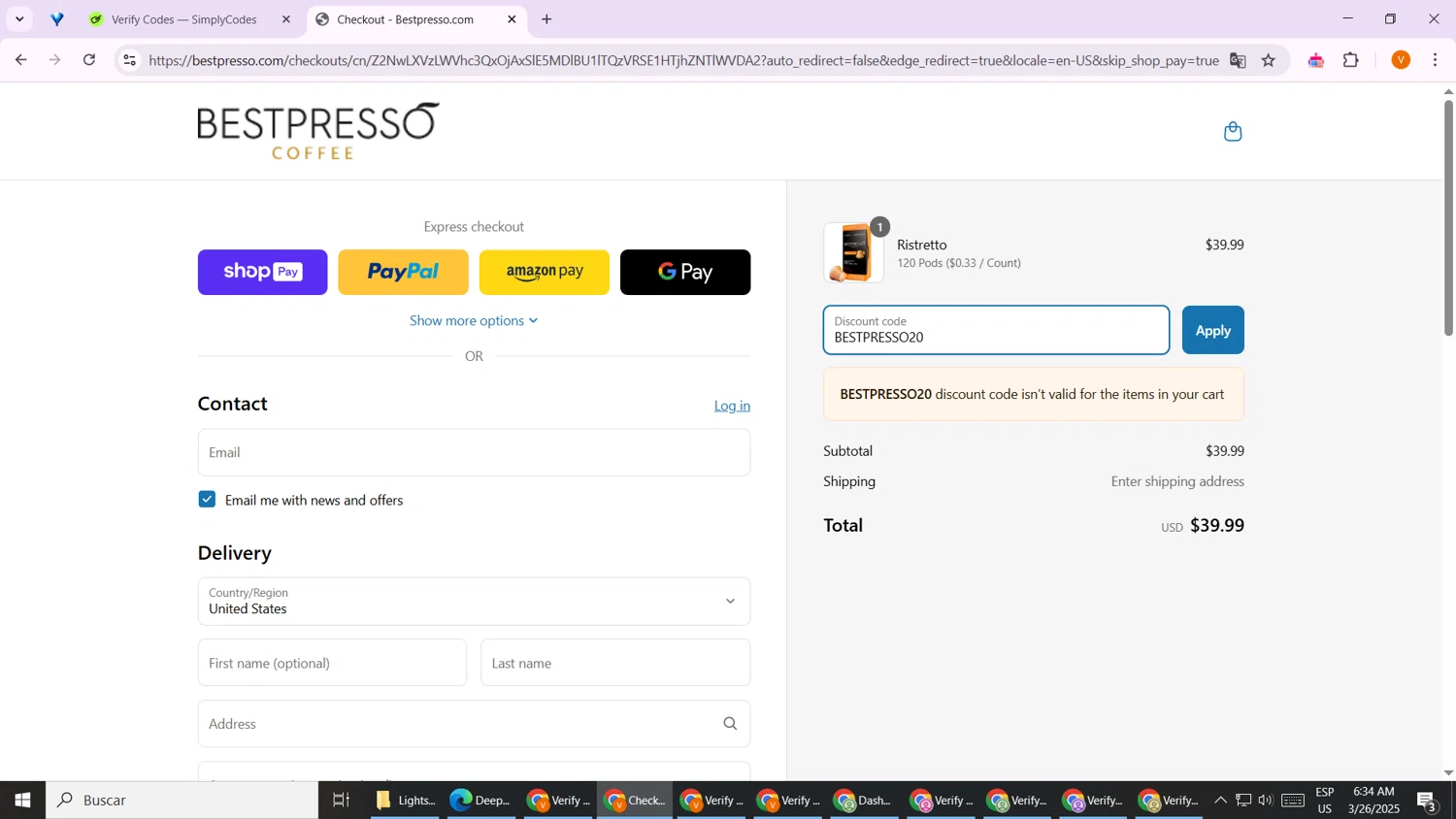 Bestpresso Coffee promo code screenshot showing code BESTPRESSO20 applied at Bestpresso Coffee checkout page. Uploaded by SimplyCodes community member TheGrefg on Mar 26, 2025