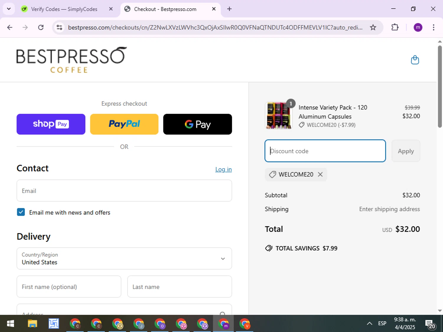Bestpresso Coffee promo code screenshot showing code WELCOME20 applied at Bestpresso Coffee checkout page. Uploaded by SimplyCodes community member JeffDiaz on Apr 4, 2025