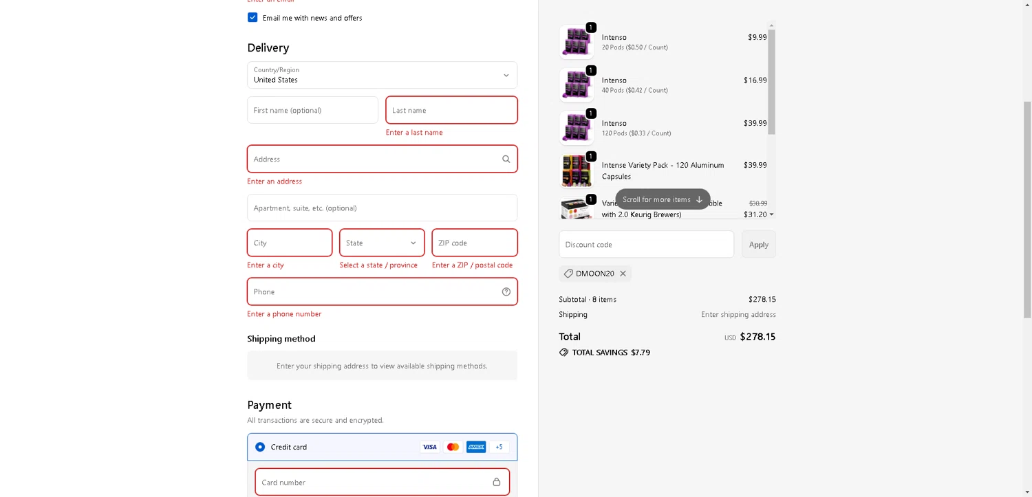 Bestpresso Coffee promo code screenshot showing code DMOON20 applied at Bestpresso Coffee checkout page. Uploaded by SimplyCodes community member ExtraordinaryMaven3628 on Oct 15, 2025