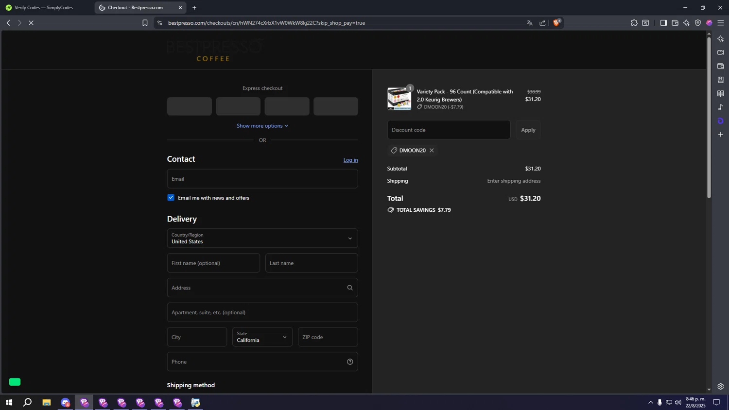 Bestpresso Coffee promo code screenshot showing code DMOON20 applied at Bestpresso Coffee checkout page. Uploaded by SimplyCodes community member aaaaaaaaaaaaaaaaaaaaa on Aug 23, 2025