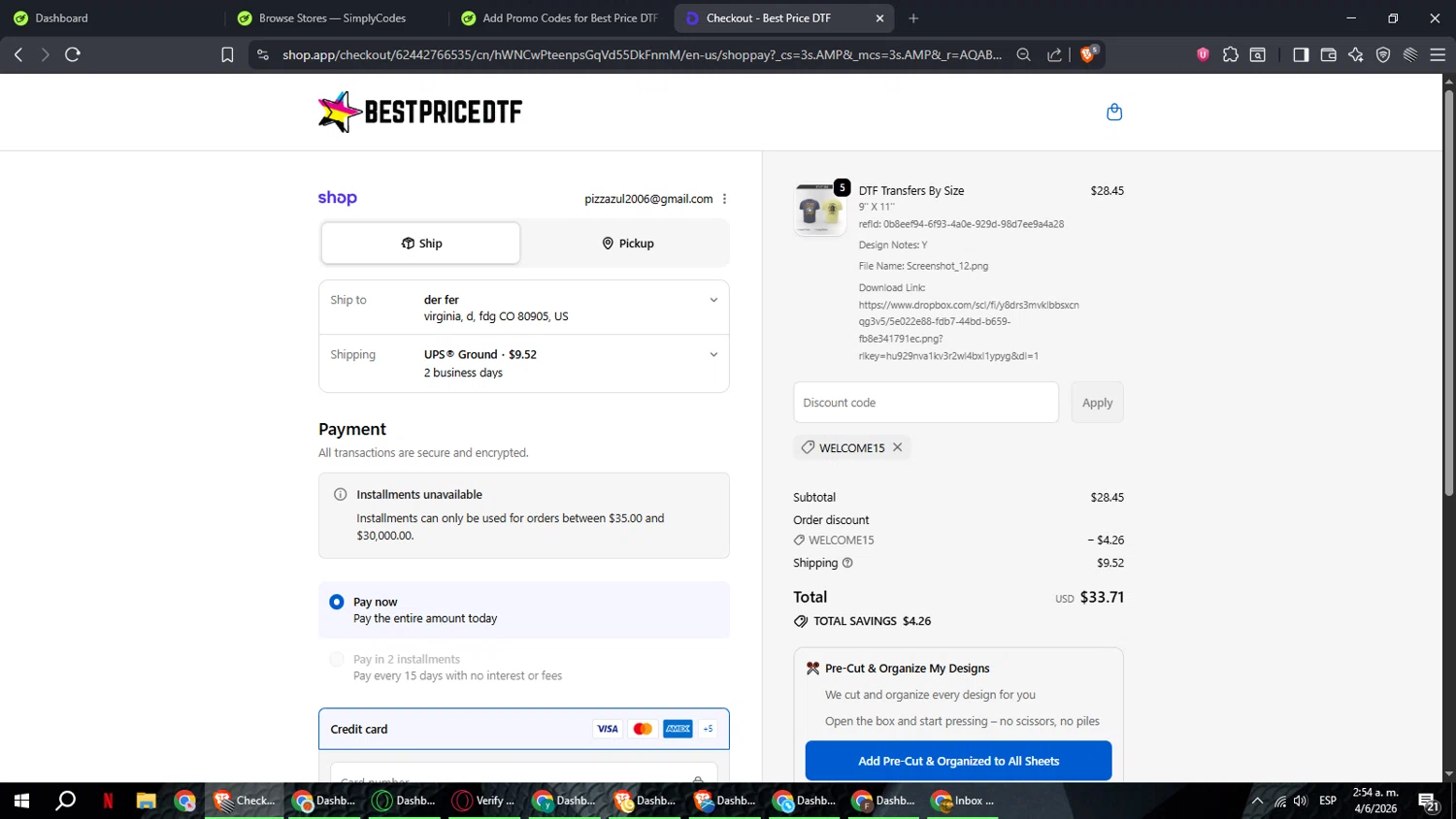 Best Price DTF promo code screenshot showing code WELCOME15 applied at Best Price DTF checkout page. Uploaded by SimplyCodes community member ComeBurra123 on Jun 4, 2026