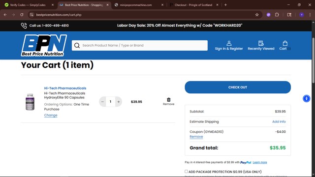 Best Price Nutrition checkout page showing Best Price Nutrition coupon code box | Screenshot taken by SimplyCodes community member on Aug 31, 2025