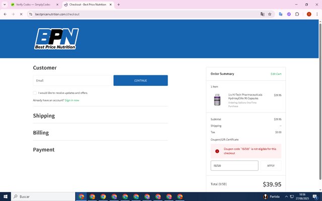 Best Price Nutrition checkout page showing Best Price Nutrition coupon code box | Screenshot taken by SimplyCodes community member on Aug 27, 2025