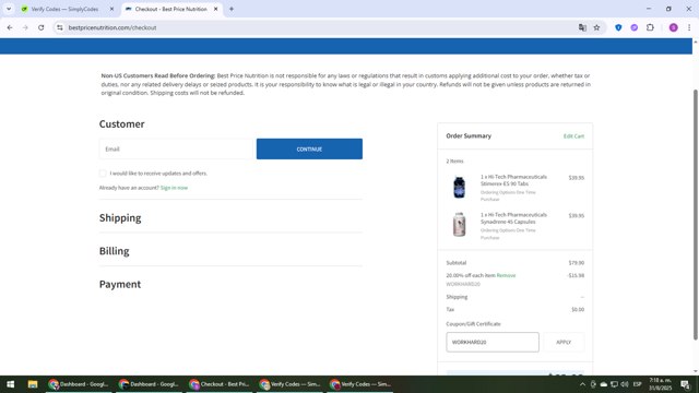 Best Price Nutrition checkout page showing Best Price Nutrition coupon code box | Screenshot taken by SimplyCodes community member on Aug 31, 2025