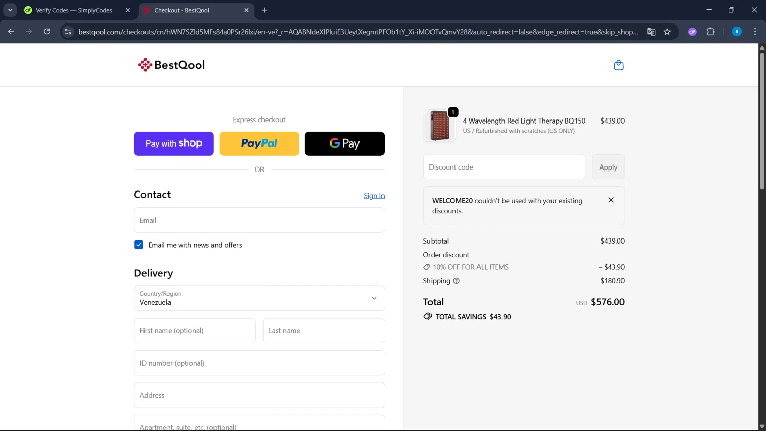 BESTQOOL checkout page showing BESTQOOL discount code box | Screenshot taken by SimplyCodes community member on Jan 10, 2026