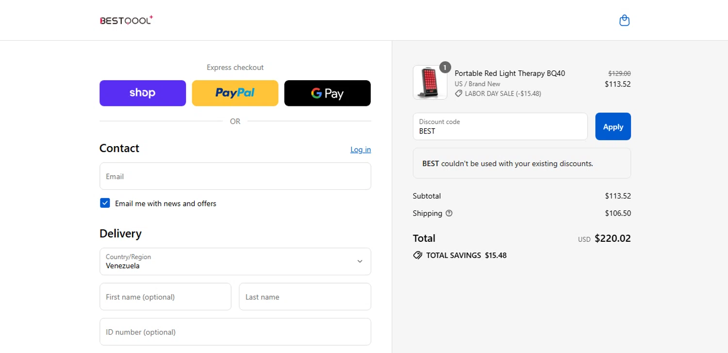 BESTQOOL discount code screenshot showing code BEST applied at BESTQOOL checkout page. Uploaded by SimplyCodes community member MoneyHunter5624 on Aug 29, 2025
