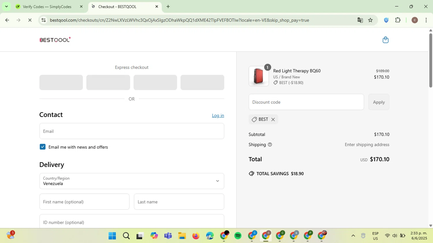 BESTQOOL discount code screenshot showing code BEST applied at BESTQOOL checkout page. Uploaded by SimplyCodes community member NobleExpert6497 on Jun 6, 2025