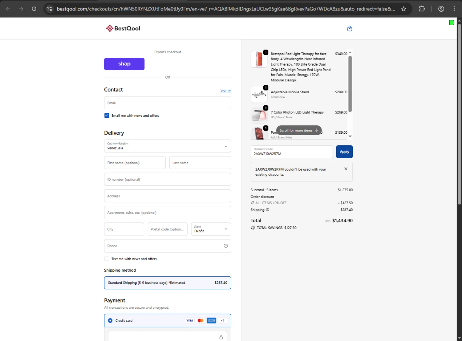 BESTQOOL discount code screenshot showing code 2AXWZJ0W2R7M applied at BESTQOOL checkout page. Uploaded by SimplyCodes community member Jeremi on Nov 7, 2025