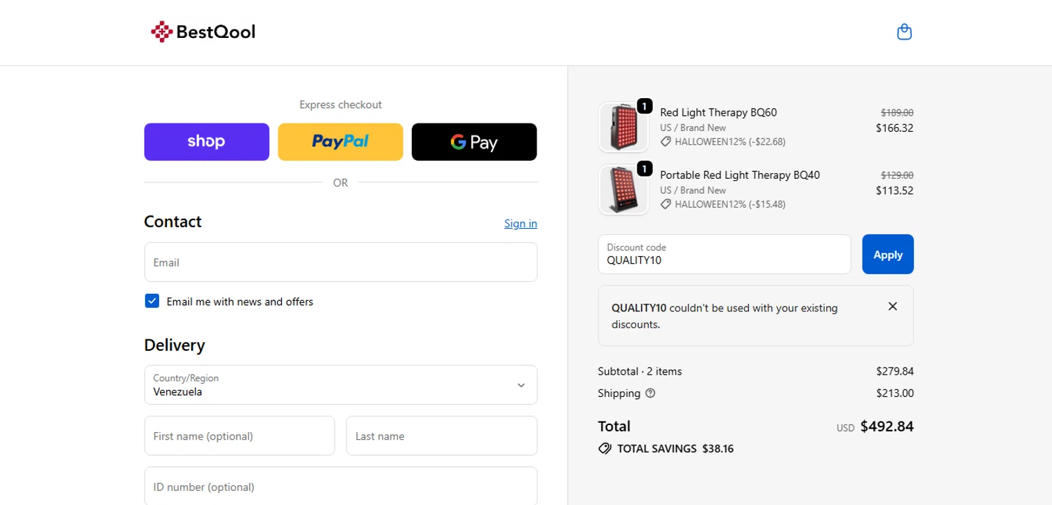 BESTQOOL discount code screenshot showing code QUALITY10 applied at BESTQOOL checkout page. Uploaded by SimplyCodes community member MagnificentCurator5441 on Oct 25, 2025